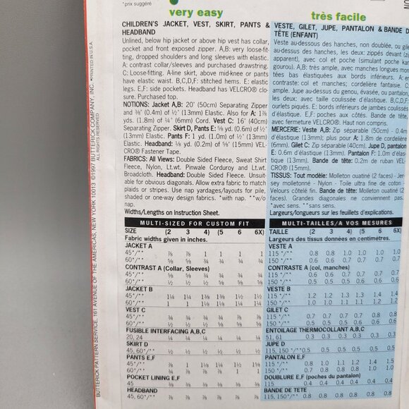 Butterick 5165 Kids Sewing Pattern Jacket Vest Skirt Pants & Headband Size 2-4 - Picture 4 of 4